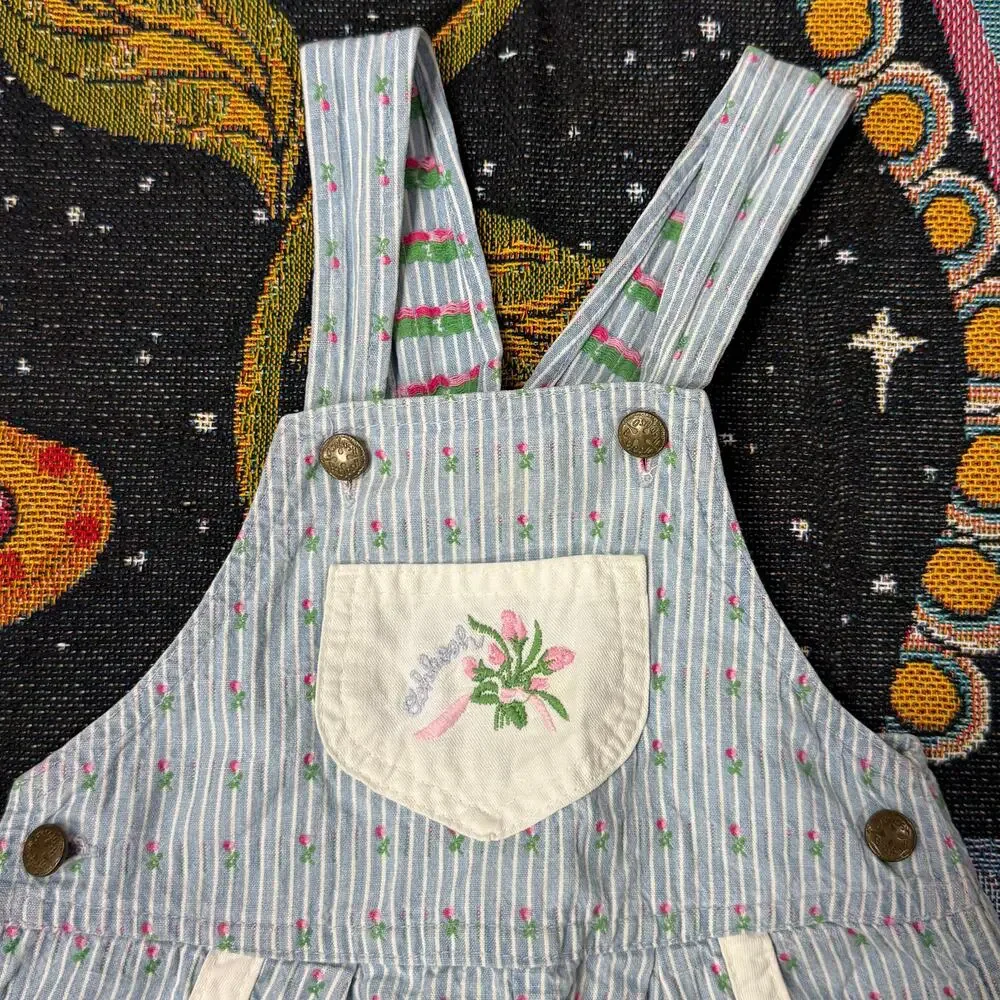 Vintage 90s OshKosh B'Gosh Floral Striped Embroidered Vestbak Overalls Girls 6